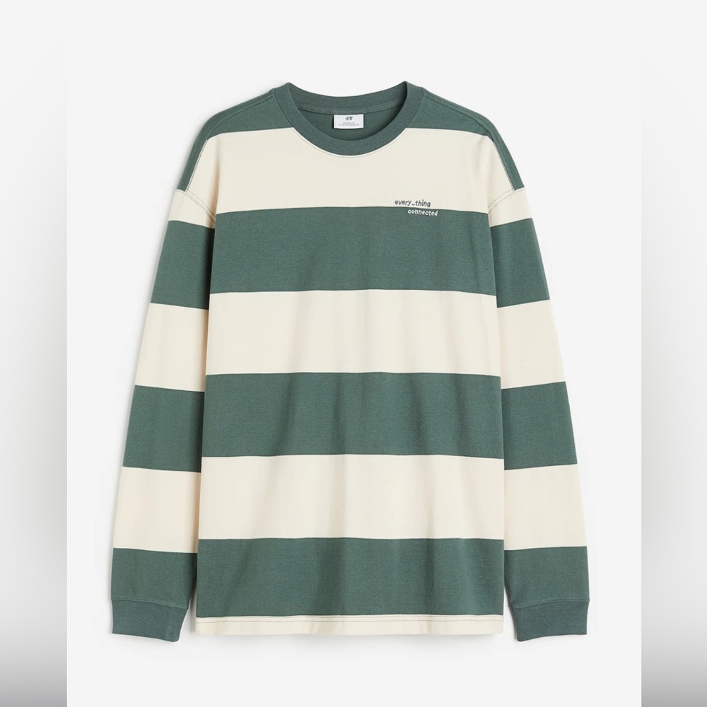 H&M Men's Long Sleeve Wide Stripe Tee in Green and Cream